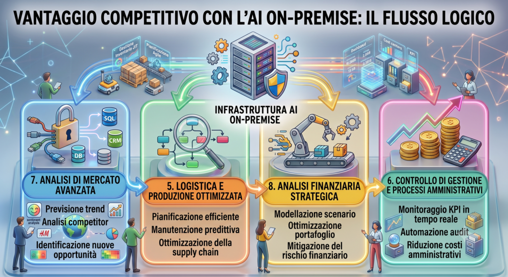 AI on premise disegna la sequenza di come si costruisce e si genera la ricaduta del vantaggio economico nei flussi aziendali permettendo nuove analisi e visioni manageriali
